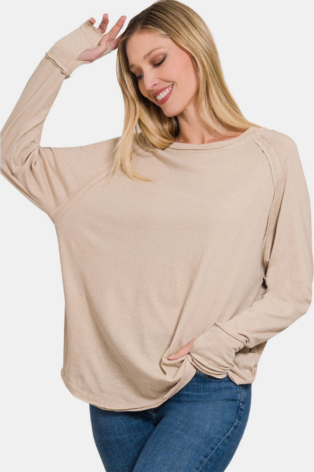 Zenana Round Neck Thumbhole Long Sleeve Top