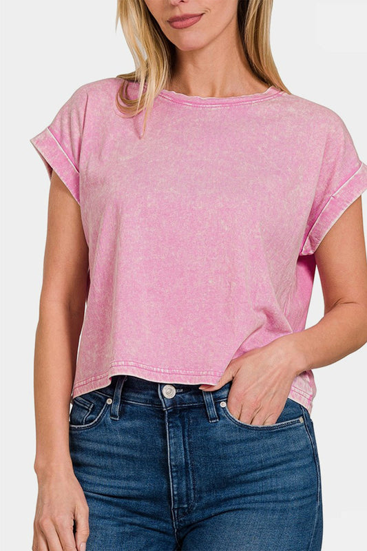 Zenana Washed Round Neck Rolled Short Sleeve Top