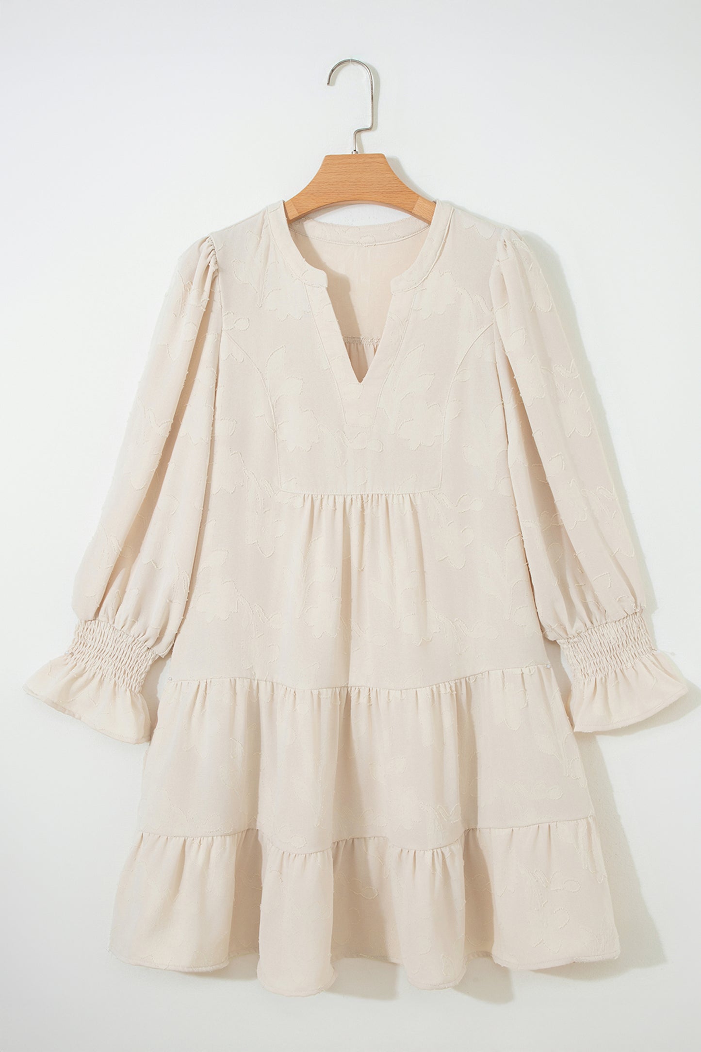 Parchment Long Sleeve Notched Neck Jacquard Tiered Mini Dress