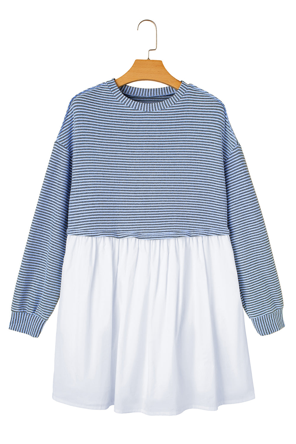 Sky Blue Stripe Patchwork Pleated High Waist Loose Mini Dress