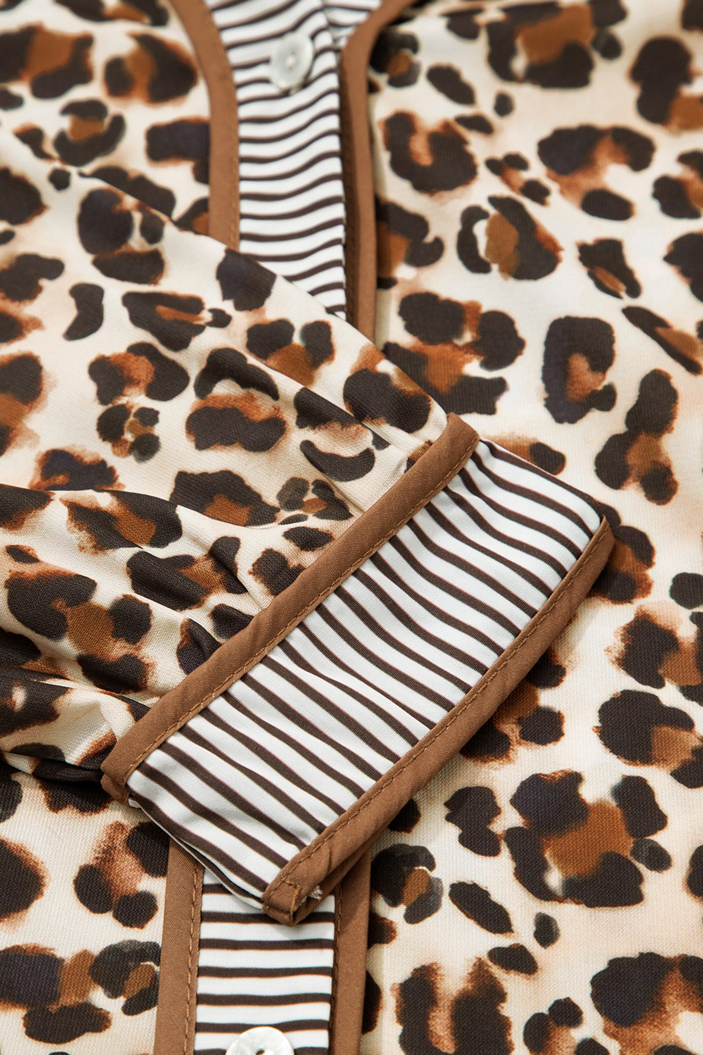 Brown Leopard Print Striped Patchwork 3/4 Sleeve Loose Mini Dress