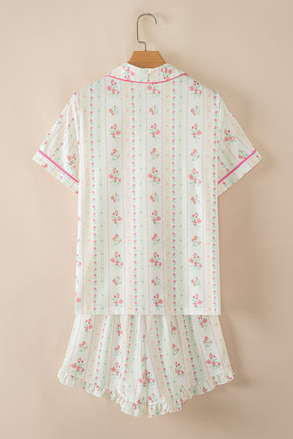 White Floral Print Contrast Pipping Short Pajamas Set