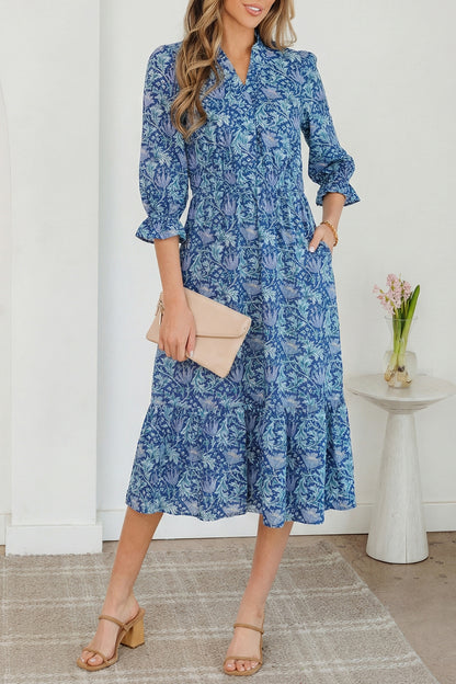 Brown Floral Printed Frilled V Neck Bracelet Sleeve Long Dress
