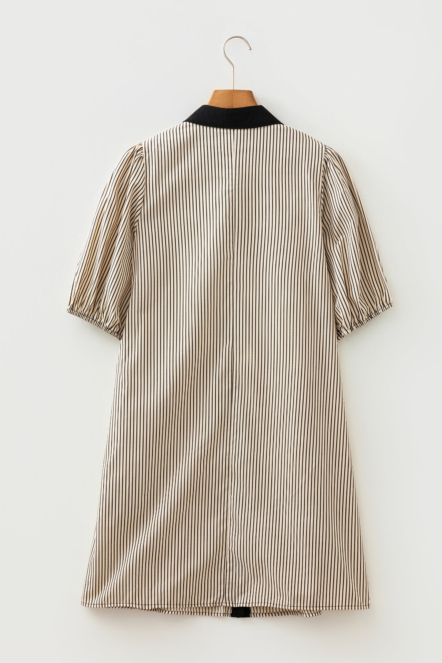 Black Stripe Color Block Patchwork Shirt Collar Button Down Puff Sleeve Mini Dress
