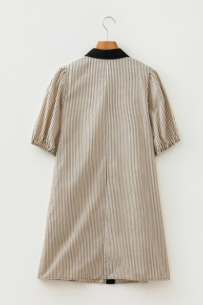 Black Stripe Color Block Patchwork Shirt Collar Button Down Puff Sleeve Mini Dress
