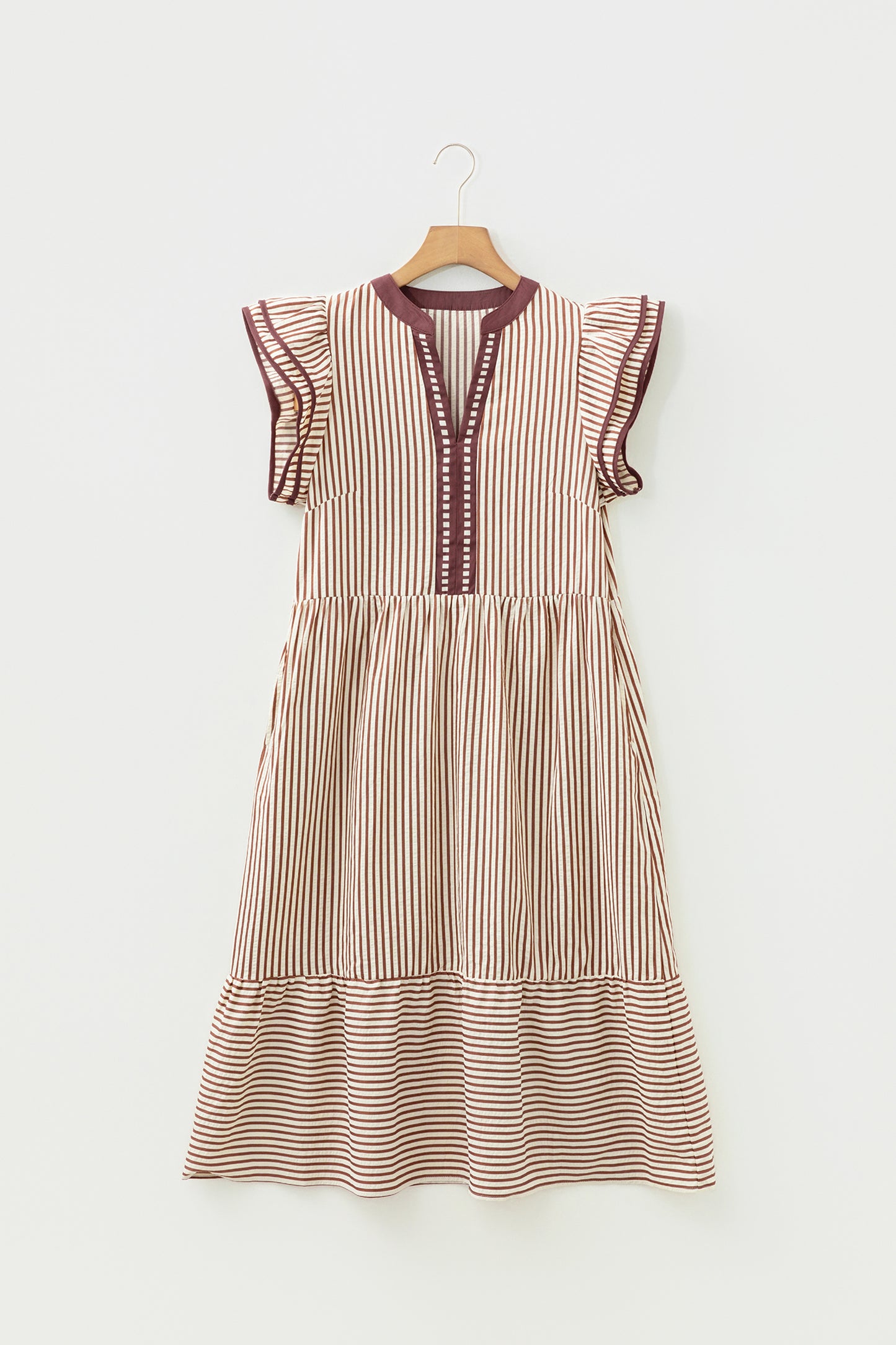 Black Stripe Double Ruffled Short Sleeve Contrast Trim V Neck Midi Dress