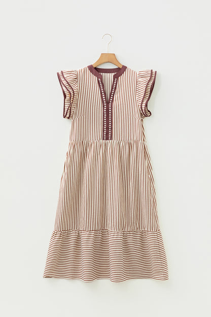 Black Stripe Double Ruffled Short Sleeve Contrast Trim V Neck Midi Dress