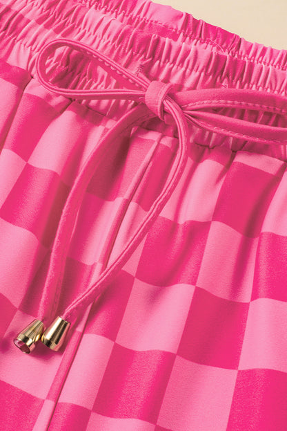 Black Checkered Drawstring Elastic Waist Casual Shorts