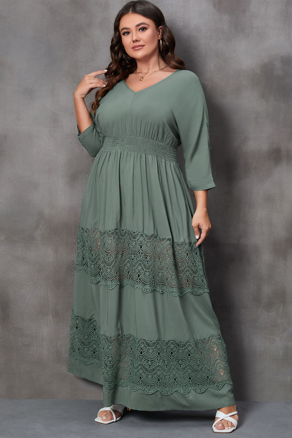 Plus Size Tied V-Neck Smocked Crochet Maxi Dress