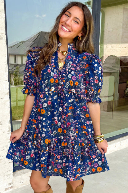 Blue Wild Daisy Floral Split Neck Short Puff Sleeve Mini Dress