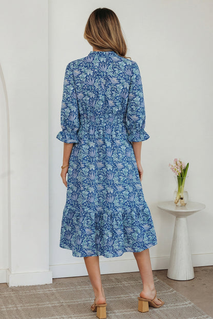 Brown Floral Printed Frilled V Neck Bracelet Sleeve Long Dress