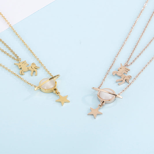 Unicorn and Star Shape Double-Layered Pendant Necklace