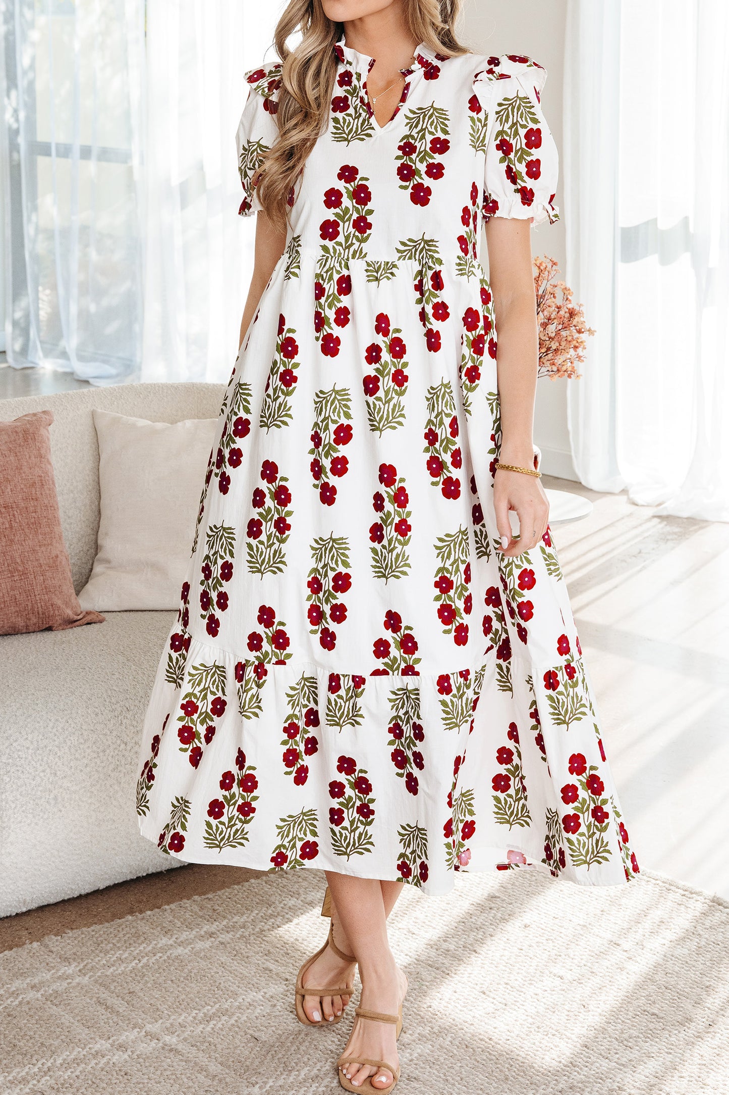 Black Floral Short Bubble Sleeve Tiered Maxi Dress