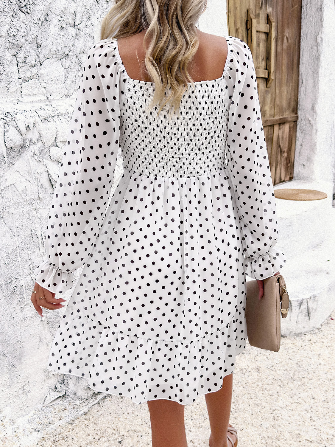 Smocked Polka Dot Long Sleeve Dress