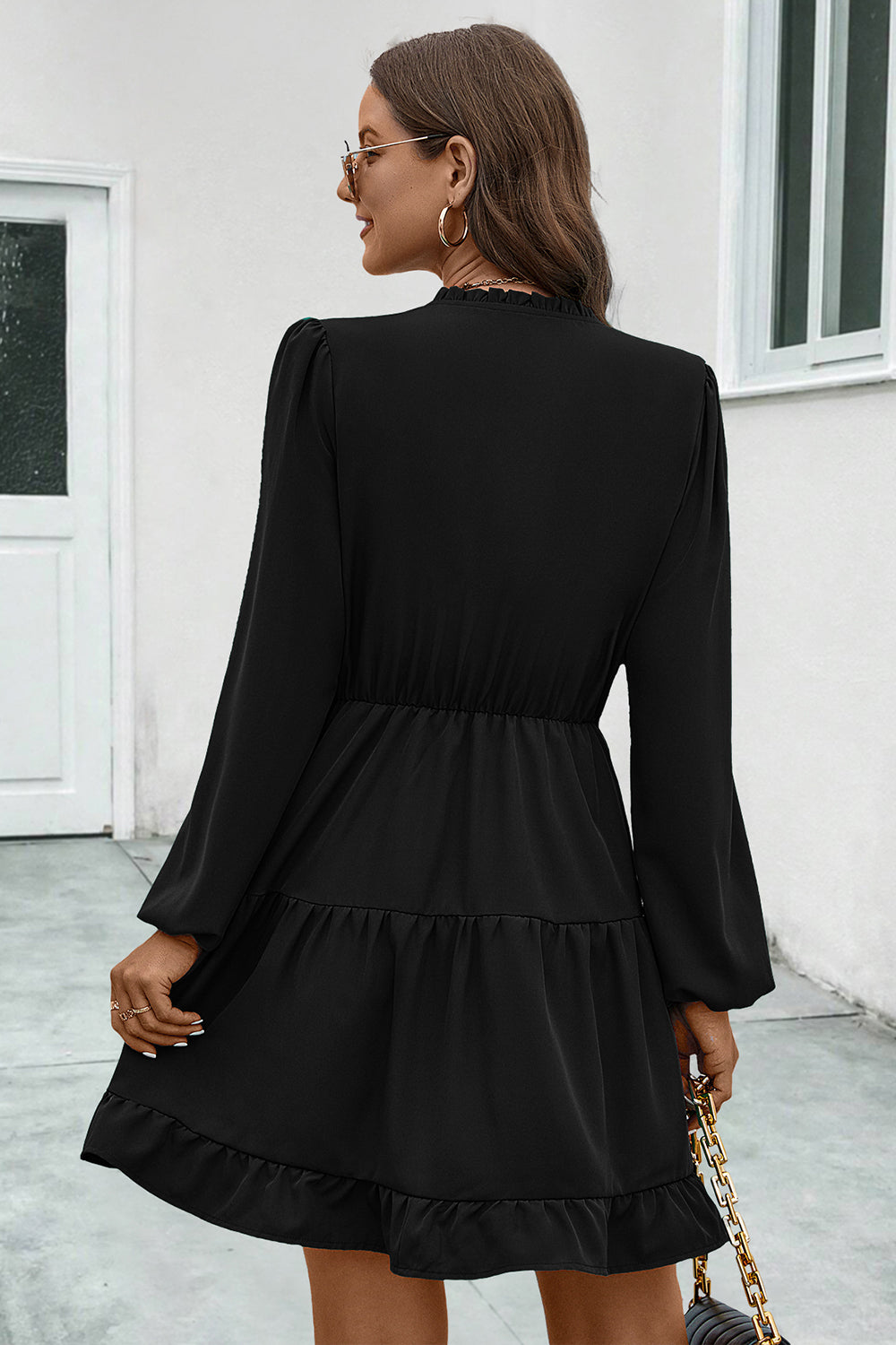 V-Neck Tie Neck Long Sleeve Dress