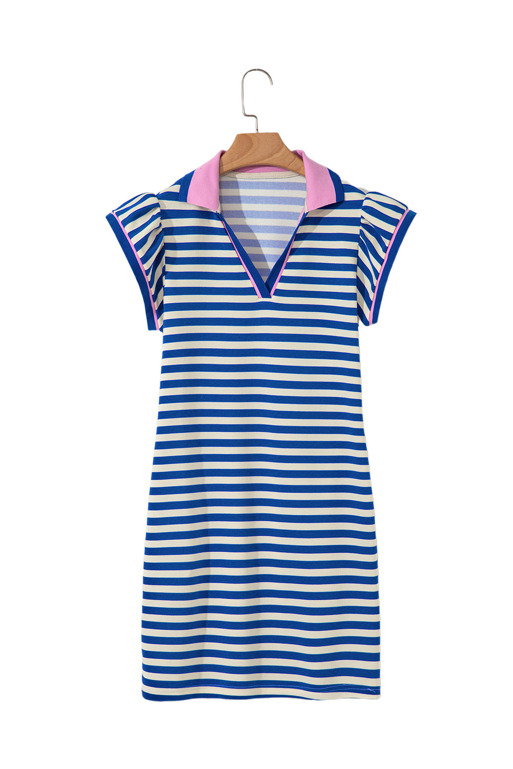 Sachet Pink Stripe Print Contrast Collar Split Neck Flutter Sleeve Short Dress