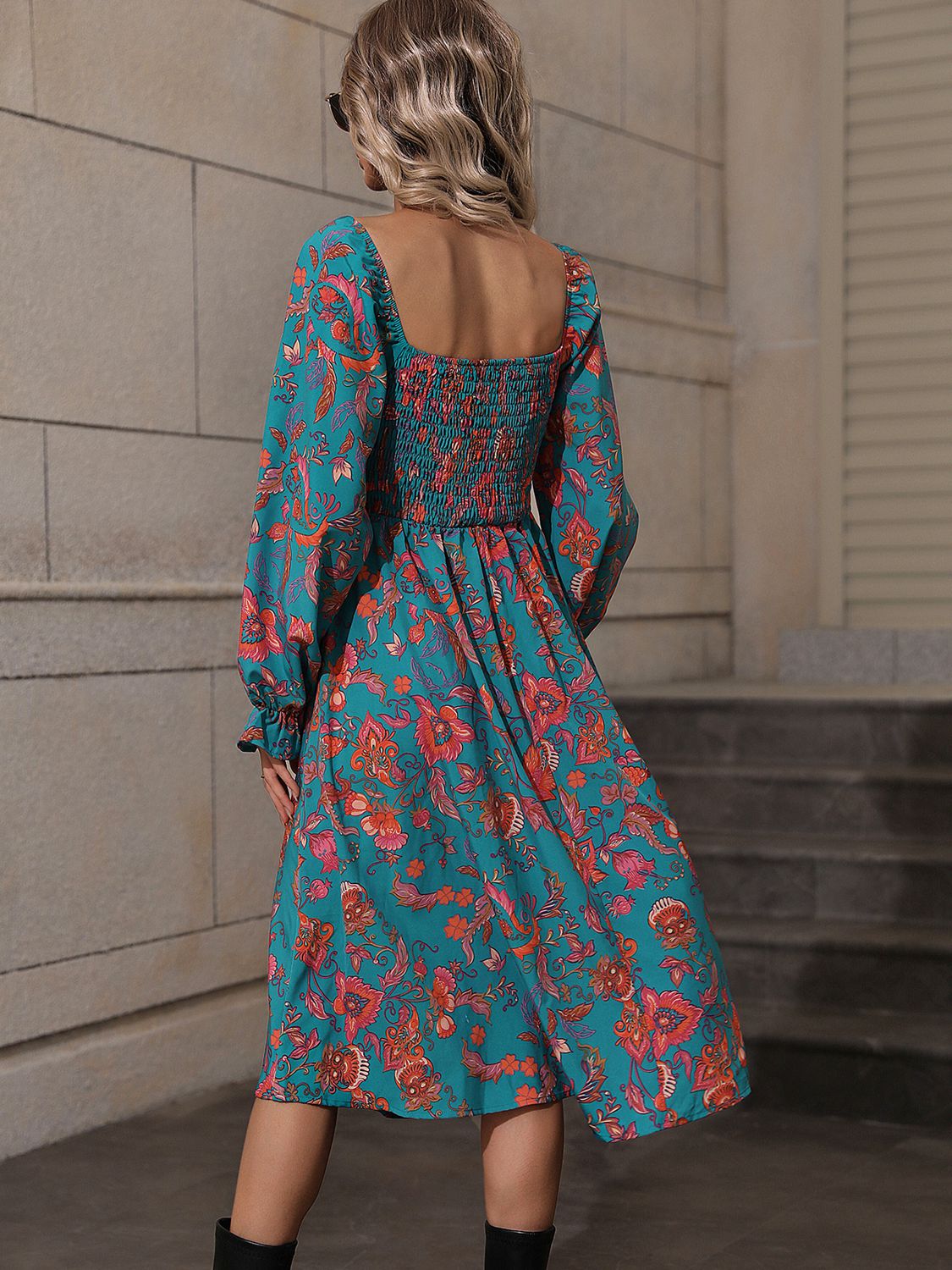 Printed Square Neck Flounce Sleeve Dress