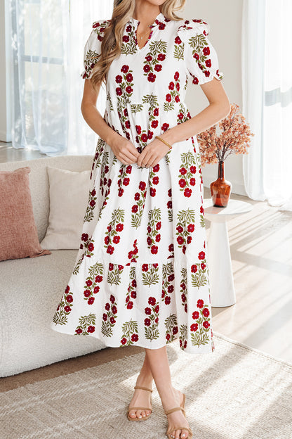 Black Floral Short Bubble Sleeve Tiered Maxi Dress