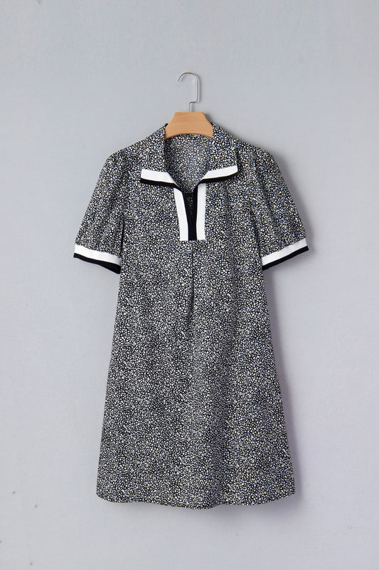 Black Leopard Print Contrast Striped Trim Polo Collar Short Sleeve Dress with Pockets