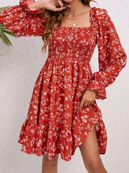 Floral Smocked Square Neck Dress