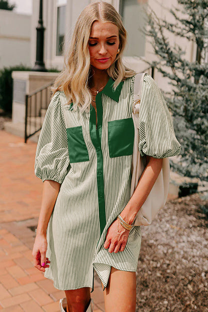 Black Stripe Color Block Patchwork Shirt Collar Button Down Puff Sleeve Mini Dress