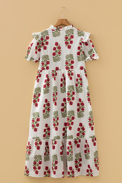 White Floral Print V Neck 3/4 Sleeve Loose Mini Dress