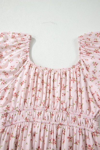 Pink Front Tie Shirred Waist Short Sleeve Ruffled Floral Mini Dress