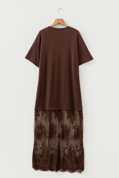 Red Sandalwood Floral Patchwork Short Sleeve T Shirt Loose Maxi Dress