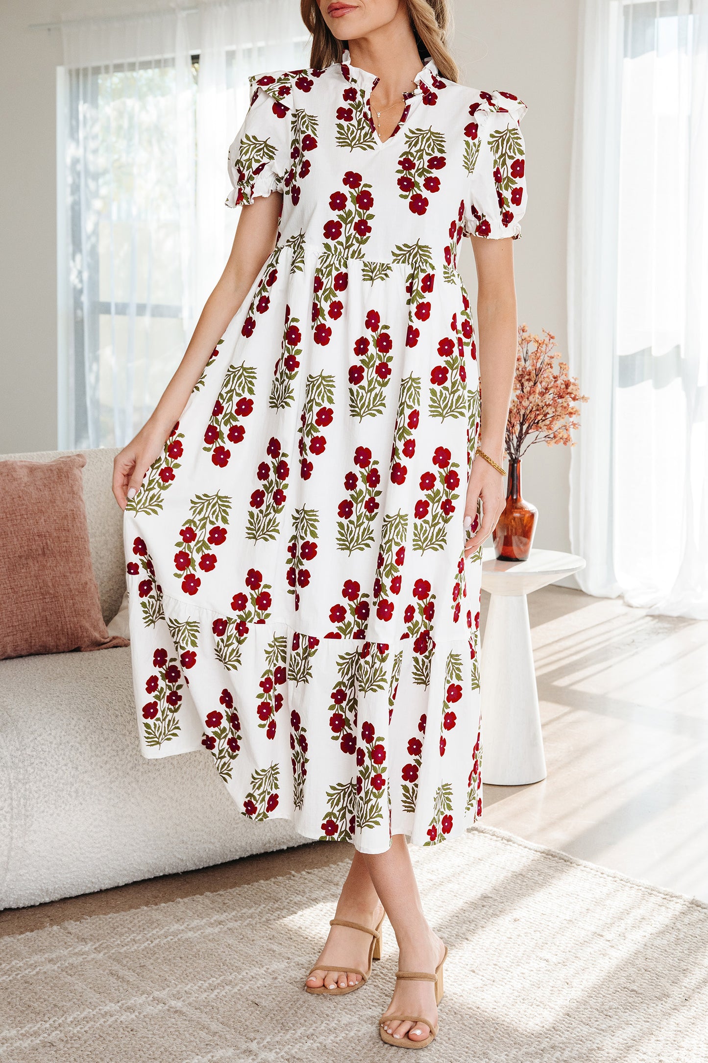 Black Floral Short Bubble Sleeve Tiered Maxi Dress