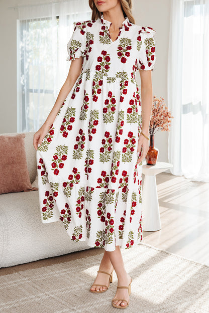 Black Floral Short Bubble Sleeve Tiered Maxi Dress