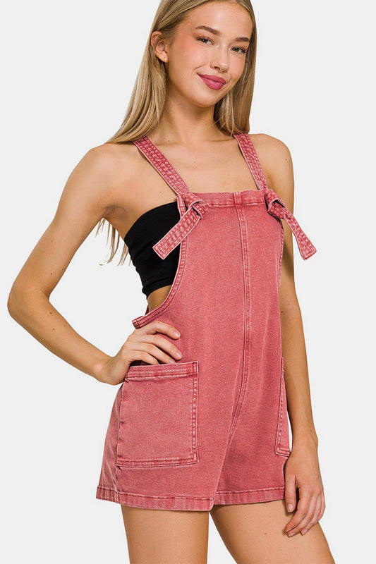 Zenana Washed Knot Strap Rompers