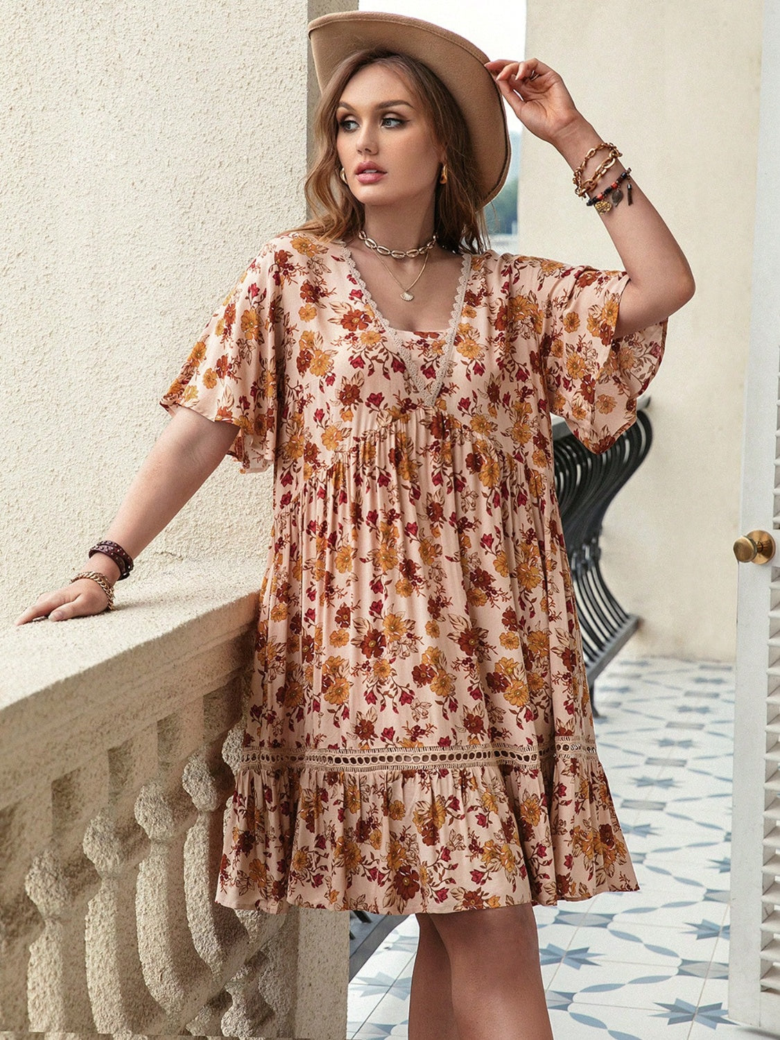 Plus Size Floral Crochet Flutter Sleeve Dress