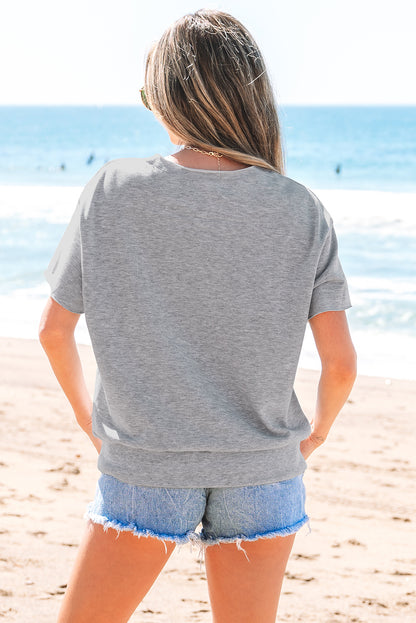 Light Grey USA Lettering Patch Notched Neck Loose Tee