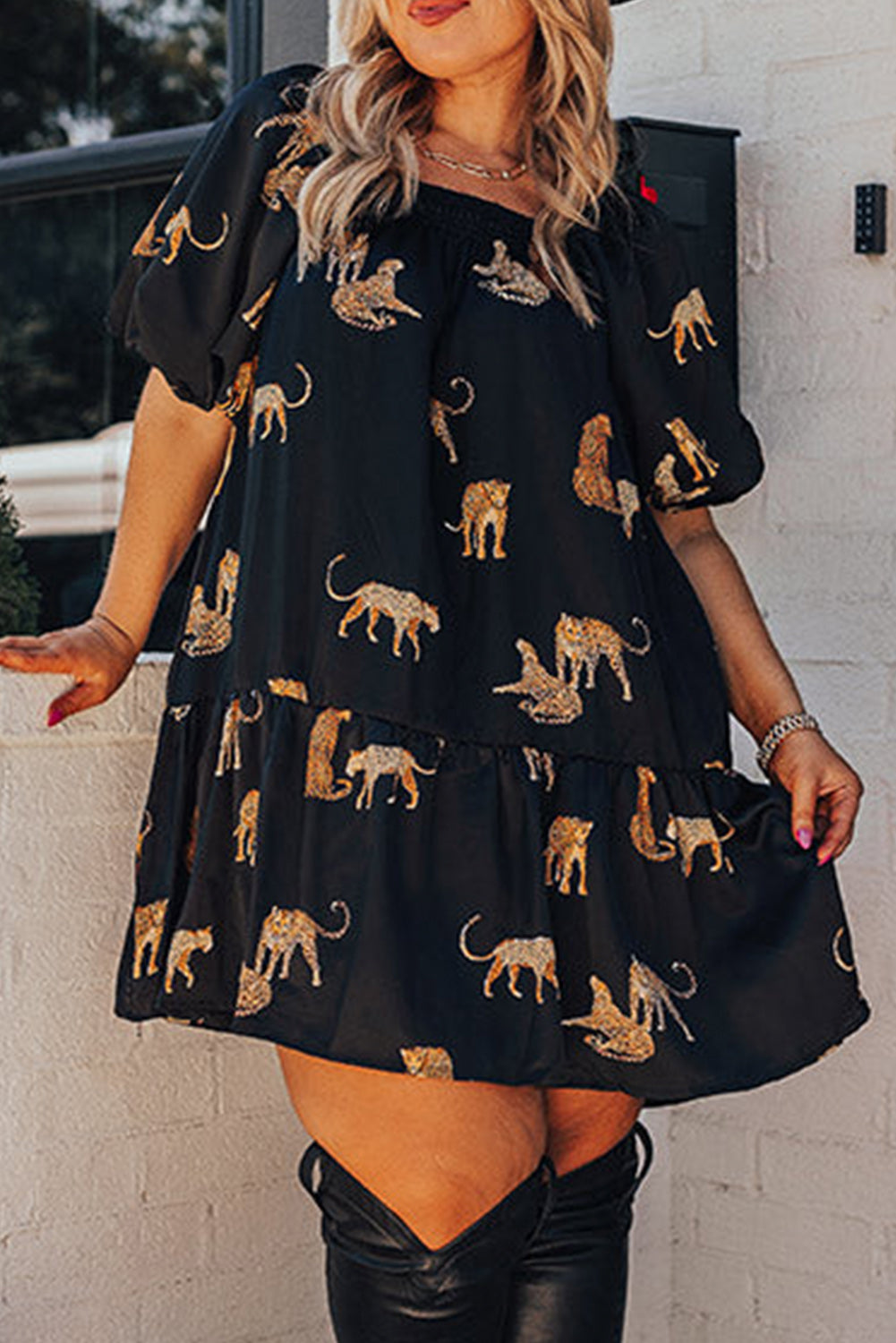 Black Plus Size Cheetah Print Puff Sleeve Ruffle Mini Dress