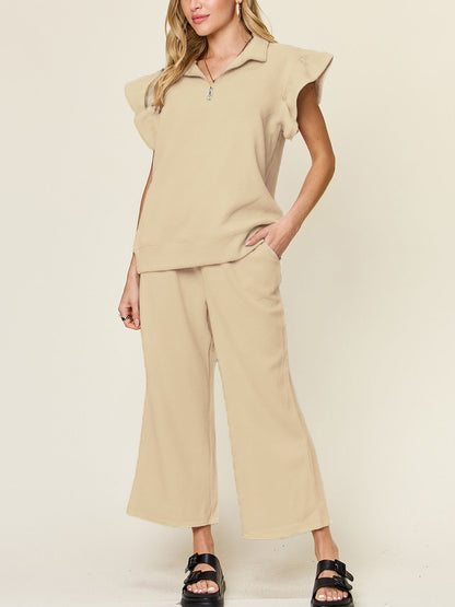 Double Take Texture Ruffle Short Sleeve Top and Drawstring Wide Leg Pants Set