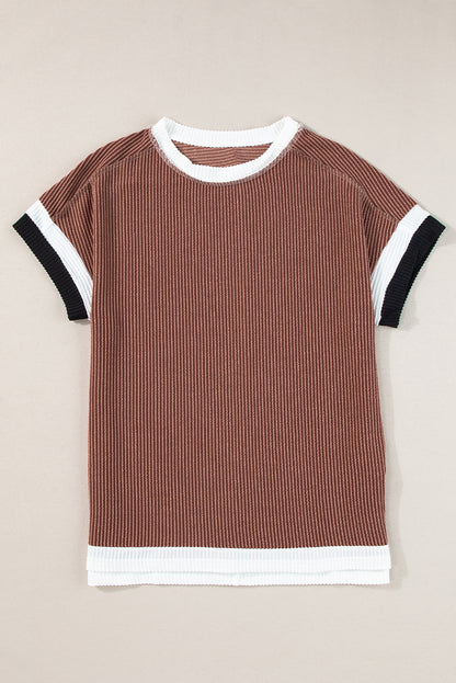 Bright Pink Textured Contrast Trim Round Neck T Shirt