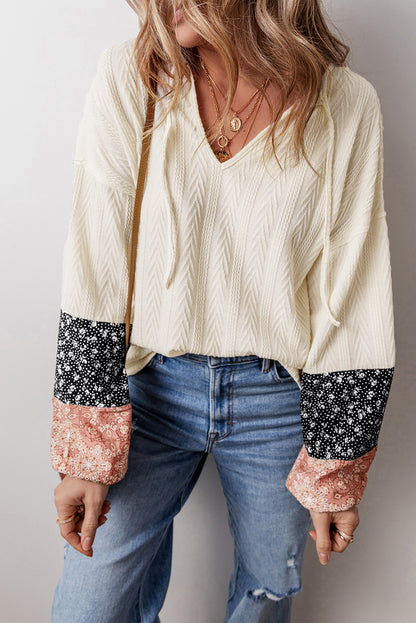 Black Floral Patchwork Textured Knit Drawstring V Neck Blouse