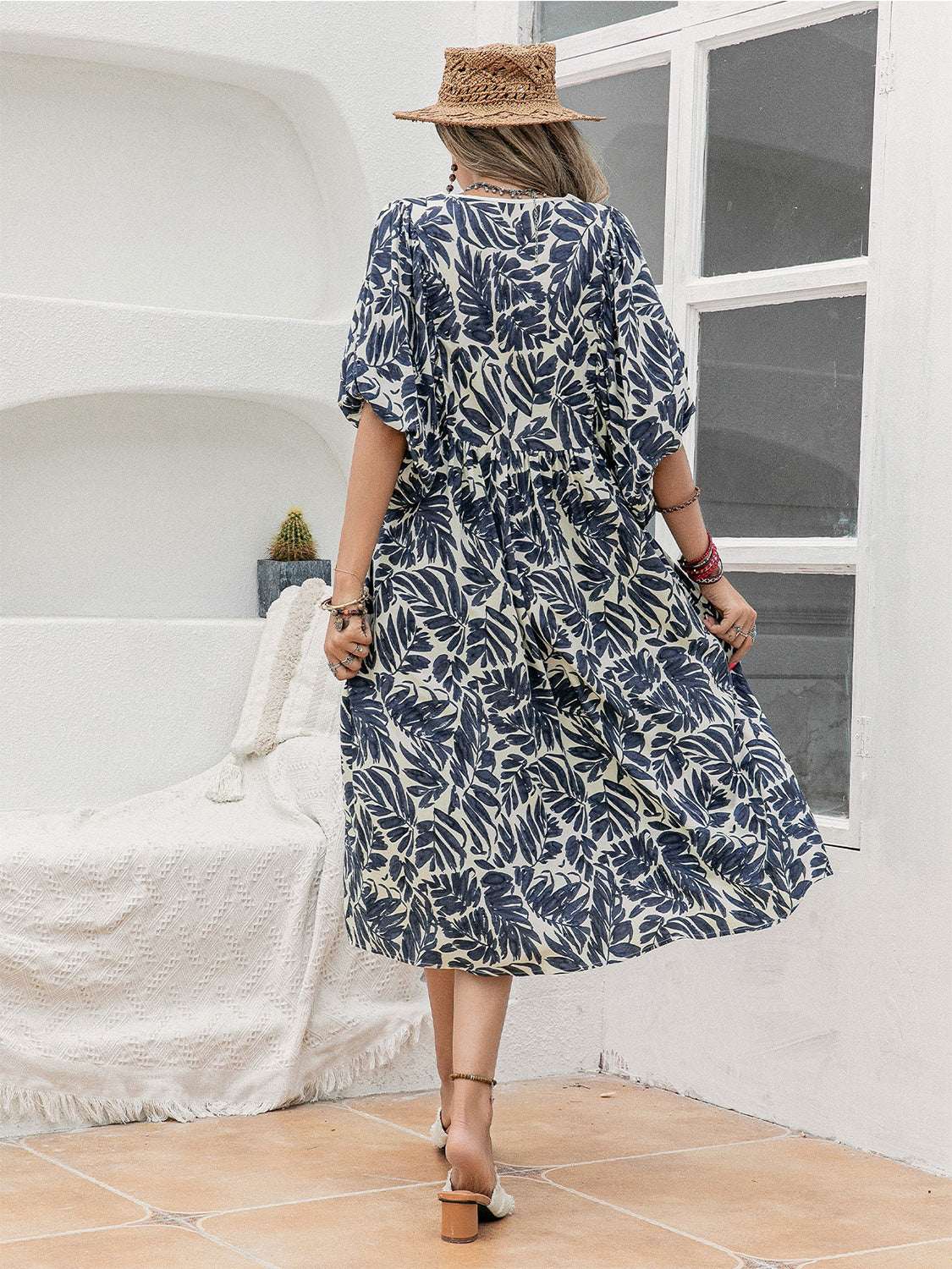 Printed Tie Neck Midi Dress