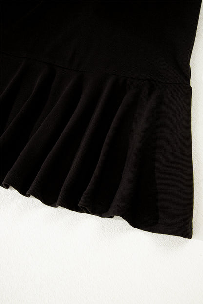 Black Stripe Detail Polo Collar Half Buttons Tied Short Sleeve Shift Mini Dress