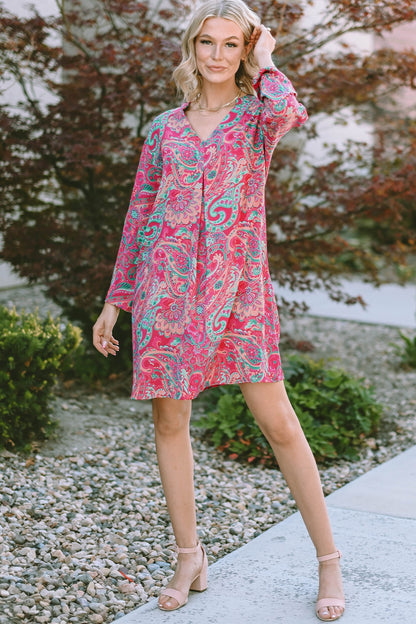 Printed V-Neck Long Sleeve Mini Dress