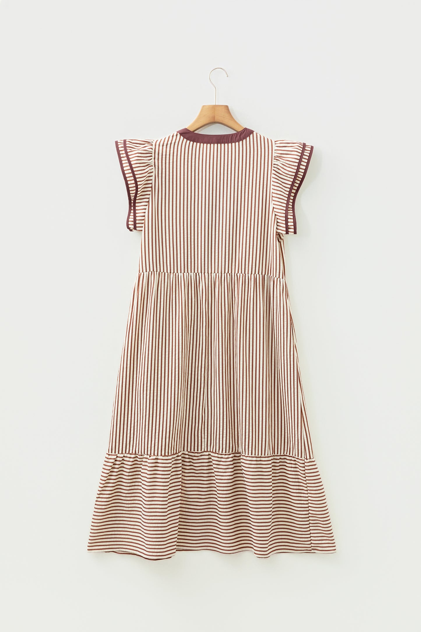 Black Stripe Double Ruffled Short Sleeve Contrast Trim V Neck Midi Dress