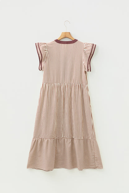 Black Stripe Double Ruffled Short Sleeve Contrast Trim V Neck Midi Dress