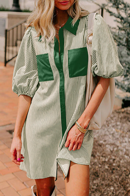 Black Stripe Color Block Patchwork Shirt Collar Button Down Puff Sleeve Mini Dress