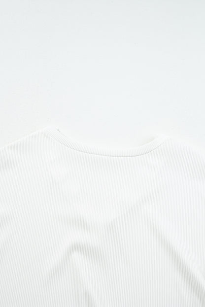 White Ribbed Texture Lace Trim V Neck Long Sleeve Top