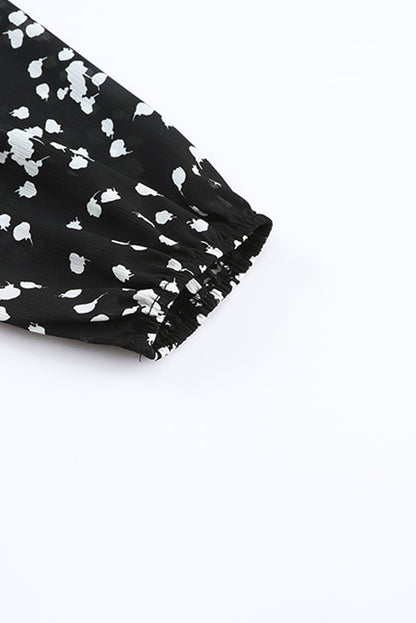 Black Split Neck Fall Printed Crinkled Blouse