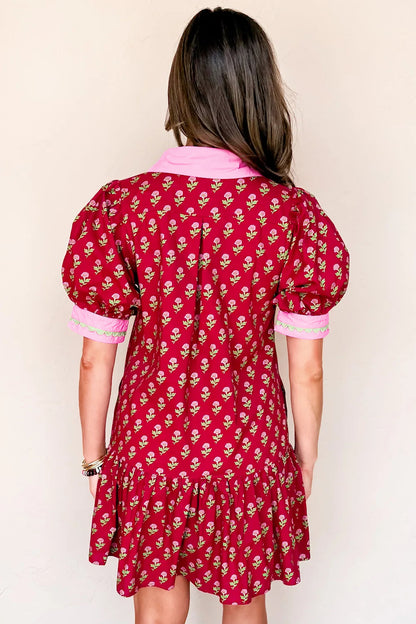 Red Floral Print Contrasted V Neck Short Bubble Sleeve Mini Dress