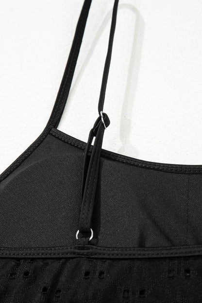 Black Eyelet Pattern Knotted Ruffle Trim 3pcs Bikini Set