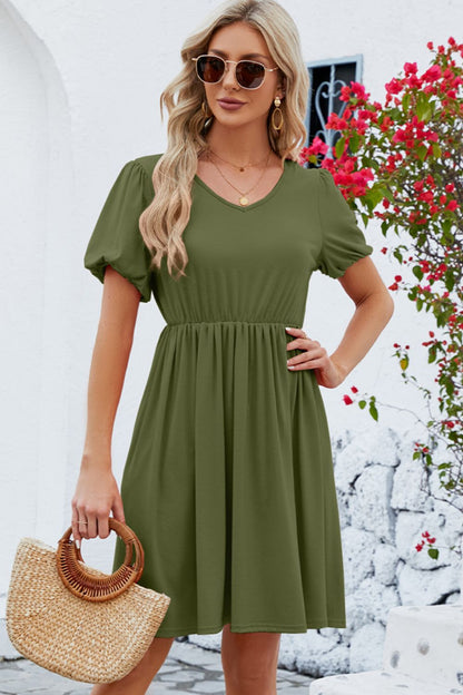 V-Neck Balloon Short Sleeve Dress