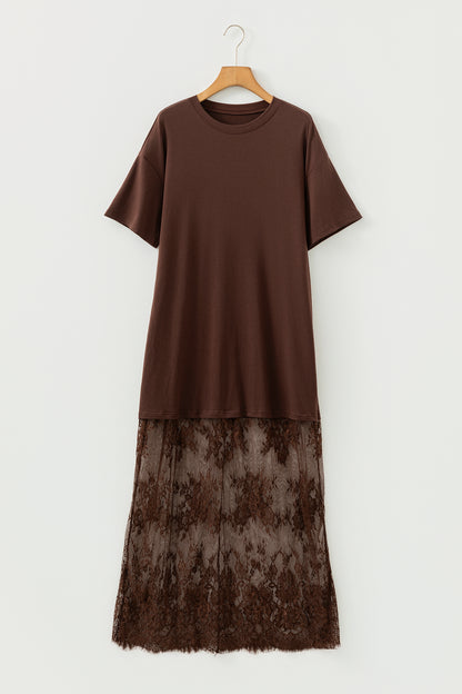 Red Sandalwood Floral Patchwork Short Sleeve T Shirt Loose Maxi Dress