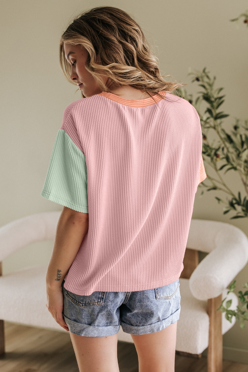 Multicolour Corded Colorblock Crewneck Tee